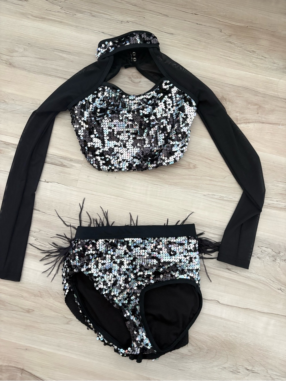 Weissman Black Sequin Two-Piece Dance Costume with Feather Trim